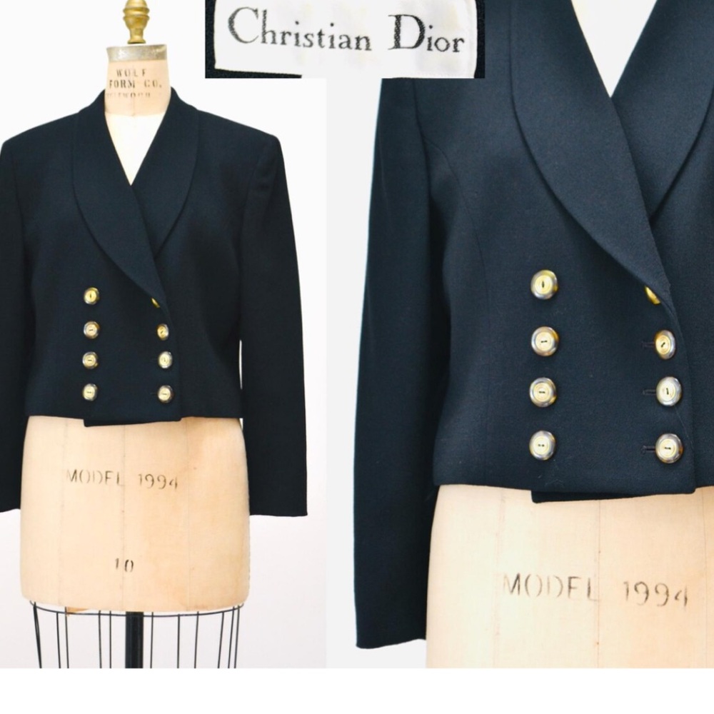 Vintage Christian Dior Butler Wool Black&Gold Button Double Breasted Crop Blazer